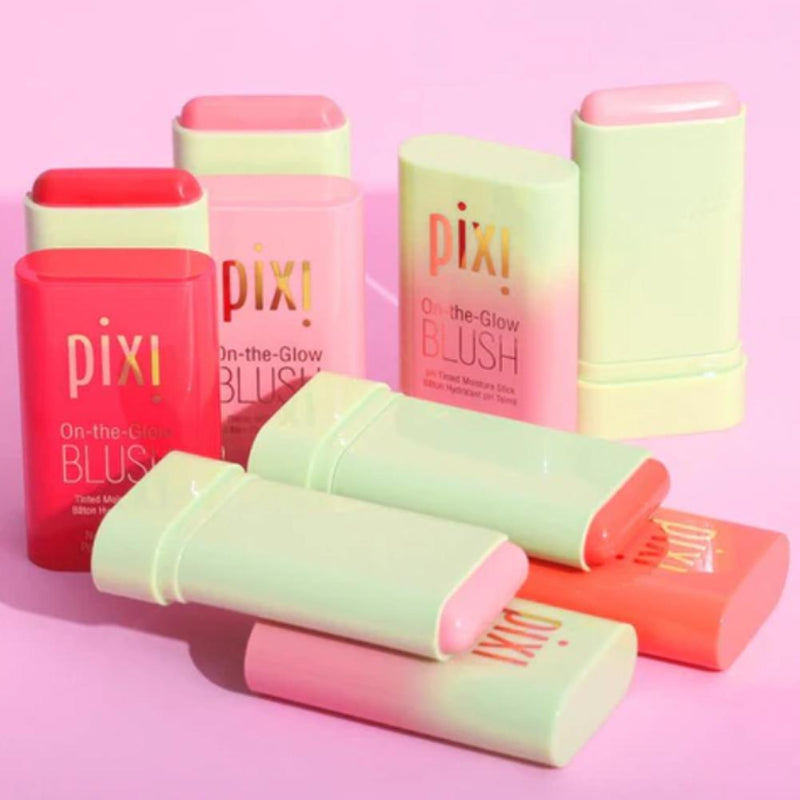 Pixi On The Glow Blush Stick in three vibrant shades, perfect for a natural, radiant glow on the go.